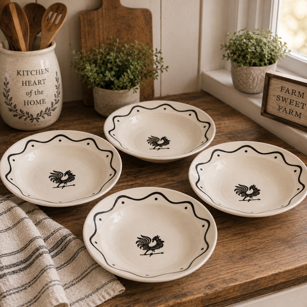 Set of 4 Bone China Rooster Weather Vane Pasta Bowls Cream Black Farmhouse Style